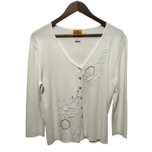 Ruby Rd Women Cardigan Sweater Ivory Embroidered Beaded Cottagecore Boho Classic